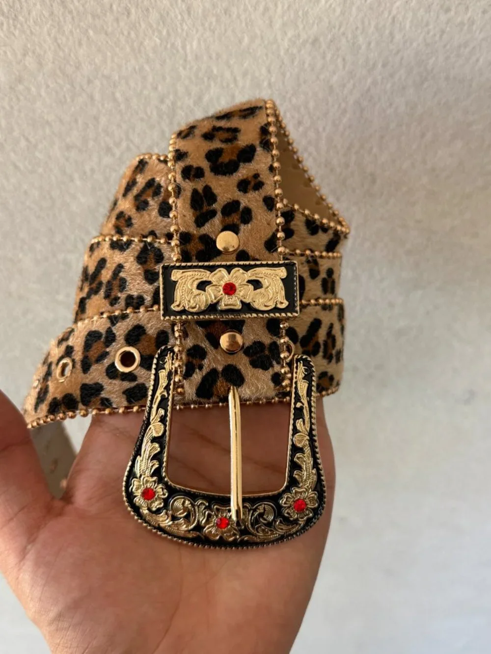 Leopard Print Fur Western Ruby Buckle Belt